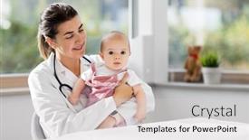  Presentation with baby nurse - Presentation design with medicine healthcare and pediatrics concept - smiling female pediatrician doctor or nurse holding baby girl patient at clinic or hospital background and a light gray colored foreground