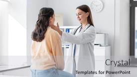  Presentation with female hospital patient - Theme enhanced with medicine-healthcare-and-people-concept background and a light gray colored foreground