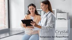  Presentation with female hospital patient - PPT theme featuring medicine-healthcare-and-people-concept background and a light gray colored foreground