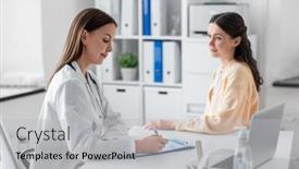  Presentation with female hospital patient - PPT theme having medicine-healthcare-and-people-concept background and a light gray colored foreground