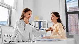  Presentation with female hospital patient - PPT theme with medicine-healthcare-and-people-concept background and a light gray colored foreground