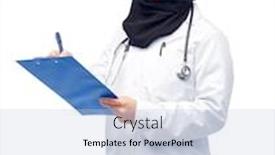  Presentation with clipboard stethoscope - Audience pleasing presentation design consisting of medicine healthcare and people concept - smiling muslim female doctor wearing hijab and white coat with clipboard and stethoscope backdrop and a light blue colored foreground