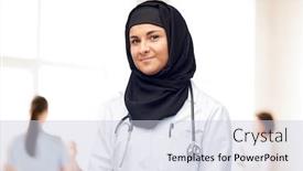  Presentation with hijab - Slide deck with medicine healthcare and people concept - smiling muslim female doctor wearing hijab and white coat with stethoscope over clinic background background and a lemonade colored foreground