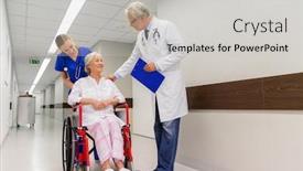 Presentation with medicine - Presentation theme enhanced with medicine healthcare and people concept - doctor nurse and smiling senior woman patient in wheelchair at hospital corridor background and a light gray colored foreground