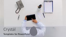  Presentation with prescription - Slide deck enhanced with medicine healthcare and people concept - doctor with tablet pc computer and prescription sitting at table in clinic background and a light gray colored foreground