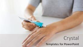  Presentation with therapeutic - Audience pleasing PPT layouts consisting of medicine healthcare and people concept - close up of woman hands applying cream or therapeutic salve backdrop and a coral colored foreground