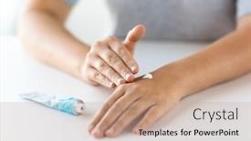  Presentation with therapeutic - Amazing presentation theme having medicine healthcare and people concept - close up of woman hands applying cream or therapeutic salve backdrop and a coral colored foreground