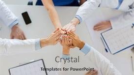  Presentation with doctors teamwork - Theme having medicine healthcare and teamwork concept - group of doctors with cardiograms making high five at hospital background and a mint green colored foreground