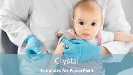  Presentation with vaccine baby - Cool new PPT layouts with medicine healthcare and vaccination concept - female pediatrician doctor or nurse with syringe making injection of vaccine for baby girl patient at clinic or hospital backdrop and a light blue colored foreground