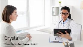  Presentation with healthcare patient technology - Presentation design enhanced with medicine healthcare technology and people background and a  colored foreground