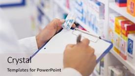  Presentation with hospital pharmacy - Audience pleasing presentation theme consisting of pharmacist writing on clipboard and holding medicine jar at the hospital pharmacy backdrop and a coral colored foreground