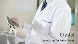  Presentation with using digital tablet - PPT layouts enhanced with medicine log - midsection of male scientist using background and a light gray colored foreground