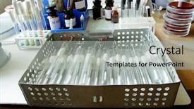  Presentation with laboratory equipment - Presentation design featuring medicine manufacturing - medical science equipment shot background and a light gray colored foreground