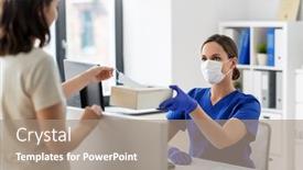  Presentation with female hospital patient - Audience pleasing PPT layouts consisting of medicine-pandemic-and-healthcare-concept backdrop and a coral colored foreground