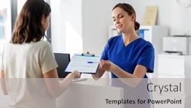  Presentation with female hospital patient - Beautiful PPT layouts featuring medicine-people-and-healthcare-concept backdrop and a light gray colored foreground