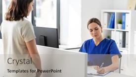  Presentation with female hospital patient - Presentation design consisting of medicine-people-and-healthcare-concept background and a light gray colored foreground