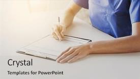  Presentation with medical clipboard - Amazing PPT theme having medicine people and healthcare concept - close up of female doctor or nurse writing medical report to clipboard at hospital backdrop and a light gray colored foreground