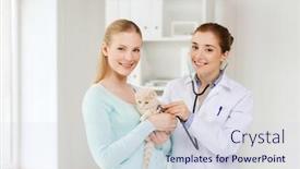  Presentation with fold - Slide deck enhanced with medicine pet animals health care and people concept - happy woman and veterinarian doctor with stethoscope checking scottish fold kitten up at vet clinic background and a sky blue colored foreground