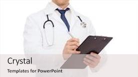  Presentation with clipboard stethoscope - Beautiful presentation featuring medicine profession and healthcare concept - smiling male doctor with clipboard and stethoscope writing prescription over white background backdrop and a lemonade colored foreground