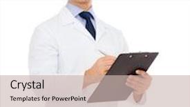  Presentation with prescription - Beautiful slides featuring medicine profession and healthcare concept - smiling male doctor with clipboard writing prescription over white background backdrop and a soft green colored foreground