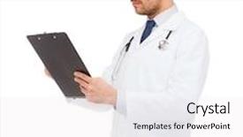  Presentation with clipboard stethoscope - Beautiful presentation featuring medicine profession and healthcare concept - serious male doctor with clipboard and stethoscope writing prescription over white background backdrop and a white colored foreground