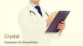  Presentation with clipboard stethoscope - Colorful theme enhanced with medicine profession and healthcare concept - smiling male doctor with clipboard and stethoscope writing prescription over white background backdrop and a cream colored foreground