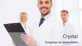  Presentation with prescription - PPT theme enhanced with medicine profession and healthcare concept - smiling male doctor with clipboard writing prescription over white background background and a sky blue colored foreground