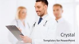  Presentation with clipboard stethoscope - Theme having medicine profession and healthcare concept - smiling male doctor with clipboard and stethoscope writing prescription over white background background and a sky blue colored foreground