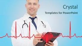  Presentation with cardiology - Colorful presentation enhanced with medicine profession cardiology and healthcare concept - smiling male doctor with clipboard and stethoscope writing prescription over cardiogram background backdrop and a light blue colored foreground