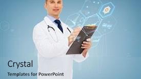  Presentation with clipboard stethoscope - Colorful slide deck enhanced with medicine profession future technology backdrop and a light blue colored foreground