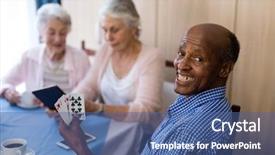  Presentation with deck of playing cards - Slide set consisting of medicine strategy - portrait of smiling man playing background and a ocean colored foreground