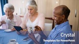  Presentation with bridge playing cards - PPT theme with medicine strategy - senior man playing cards background and a  colored foreground
