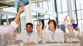  Presentation with questions - PPT theme featuring medicine-students-answer-questions background and a coral colored foreground