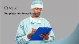  Presentation with surgery - Slide deck enhanced with medicine surgery and people concept - smiling indian male doctor or surgeon in protective wear with clipboard over grey background background and a light gray colored foreground