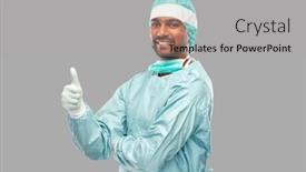  Presentation with surgery - Amazing PPT theme having medicine surgery and people concept - smiling indian male doctor or surgeon in protective wear showing thumbs up over grey background backdrop and a light gray colored foreground