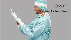  Presentation with surgery - PPT layouts featuring medicine surgery and people concept - smiling indian male doctor or surgeon in protective wear putting glove on over grey background background and a light gray colored foreground