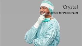  Presentation with surgery - Cool new slides with medicine surgery and people concept - smiling thinking indian male doctor or surgeon in protective wear over grey background backdrop and a light gray colored foreground