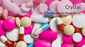  Presentation with colorful of antibiotics capsule pills - Colorful presentation design enhanced with medicine tablet - closeup of many colorful pills backdrop and a  colored foreground