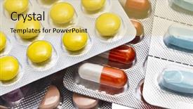  Presentation with chemistry white pills - Slide set enhanced with medicine tablet - colorful pills closeup on white background and a yellow colored foreground