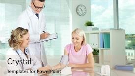  Presentation with blood pressure - Cool new PPT theme with medicine tcnology - doctor measuring blood pressure backdrop and a  colored foreground