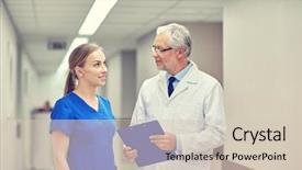  Presentation with nurse technology - Slide set with medicine technology health care and people concept - senior doctor and young nurse with tablet pc computer at hospital hospital ward background and a soft green colored foreground