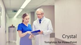  Presentation with health technology - Colorful slide set enhanced with medicine technology health care and people concept - senior doctor and young nurse with tablet pc computer at hospital hospital ward backdrop and a soft green colored foreground