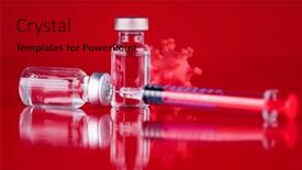  Presentation with vaccine - PPT theme consisting of medicine-vaccine-vial-bottle background and a crimson colored foreground