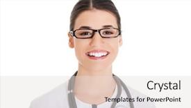  Presentation with portrait of excited overjoyed female - Audience pleasing presentation design consisting of medico legal - portrait of female doctor looking backdrop and a  colored foreground