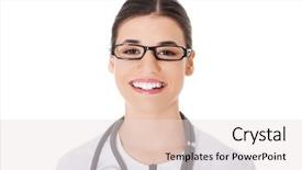  Presentation with portrait of excited overjoyed female - Slide set having medico legal - portrait of female doctor looking background and a  colored foreground