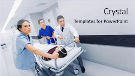  Presentation with patient care - PPT layouts consisting of profession people health care reanimation and medicine concept - group of medics or doctors carrying unconscious woman patient on hospital gurney to emergency background and a light gray colored foreground