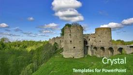  Presentation with blue green - Presentation design having medieval castle and green trees under blue sky with clouds background and a tawny brown colored foreground