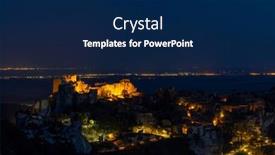  Presentation with medieval iron doors stone castle - Presentation featuring medieval-castle-and-village-les background and a navy blue colored foreground