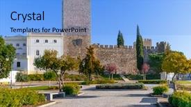  Presentation with medieval iron doors stone castle - Slide deck consisting of medieval-castle-of-alter background and a light blue colored foreground