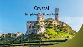  Presentation with medieval iron doors stone castle - Presentation theme having medieval castle ruins in olsztyn background and a light blue colored foreground